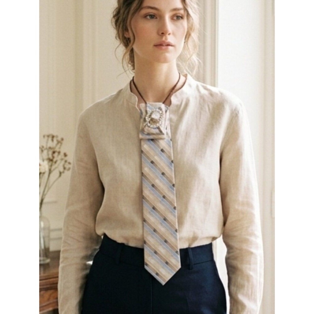 NWT Van Heusen Statement Tie Necklace Beige and Light Blue Striped